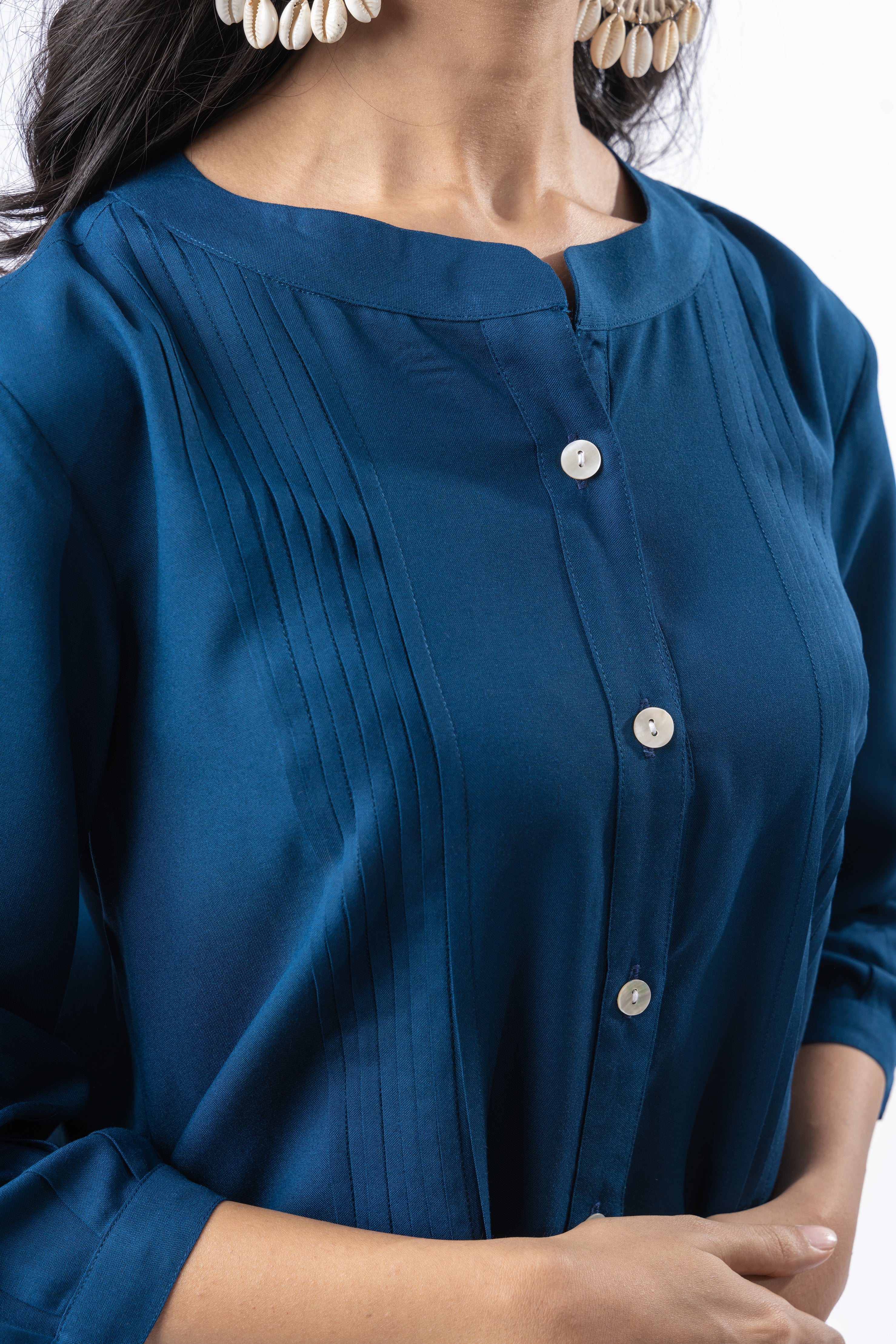 Sapphire Pleated Band Collar Shirt