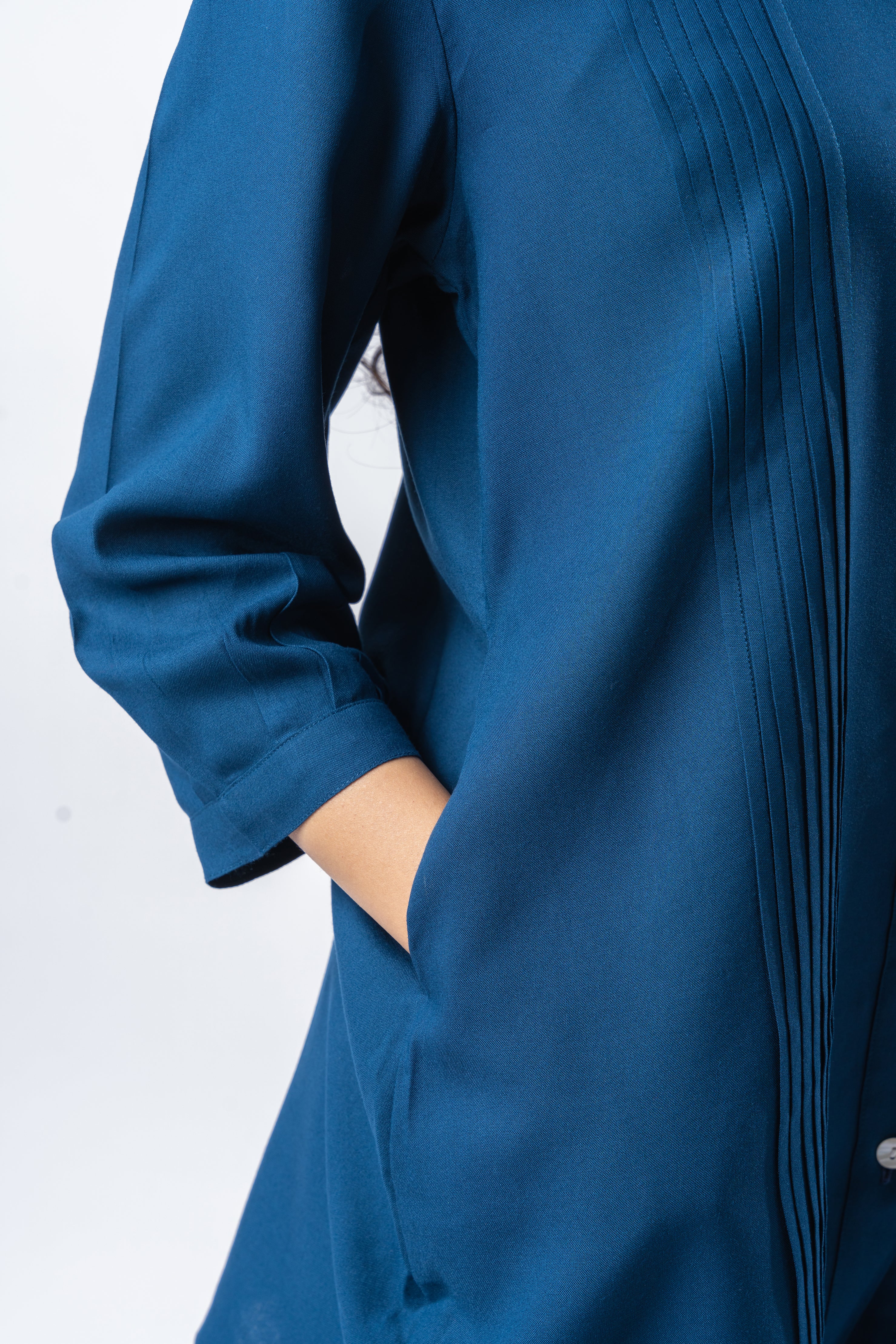 Sapphire Pleated Band Collar Shirt