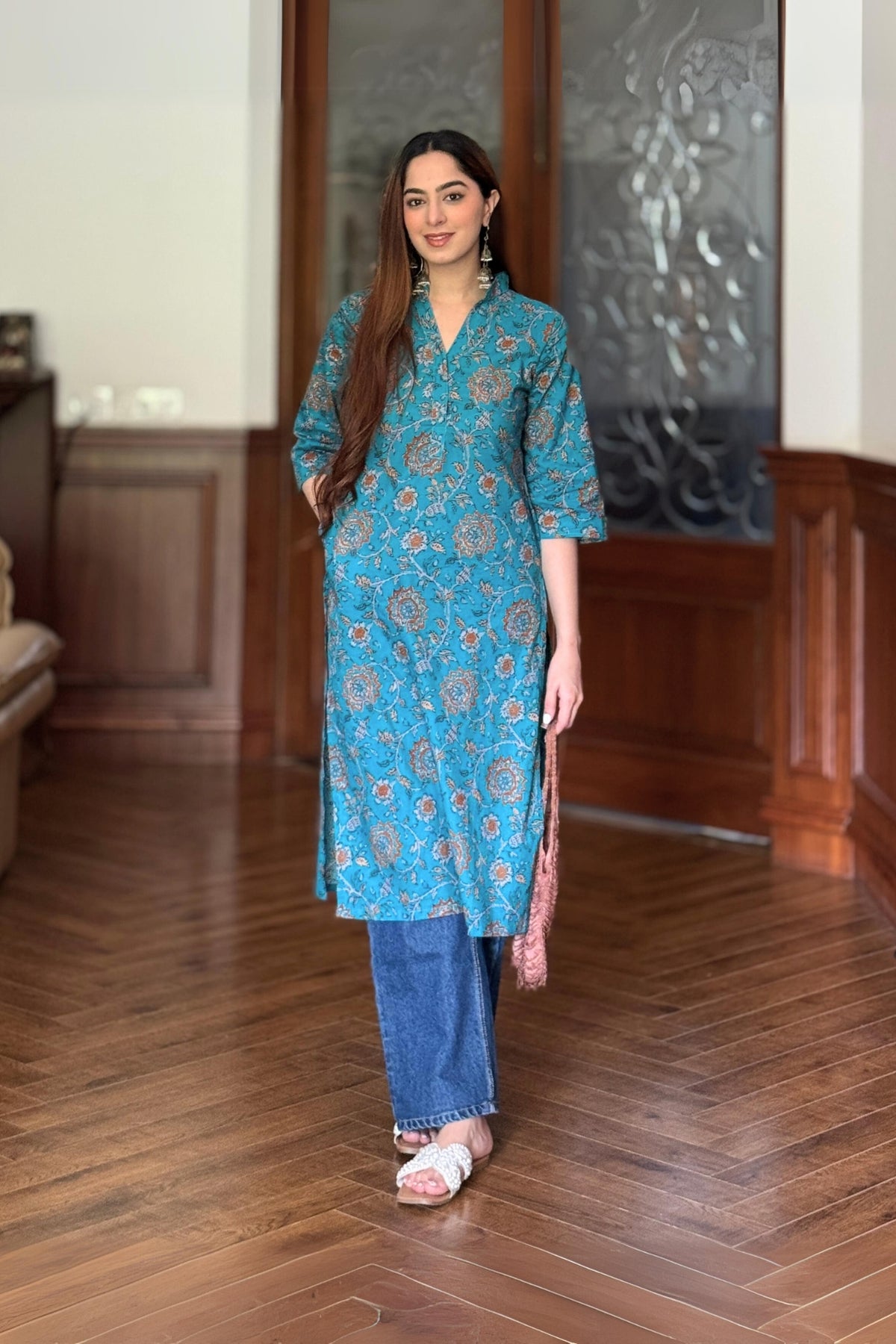 Pacific Blue Printed Pure Cotton Kurti