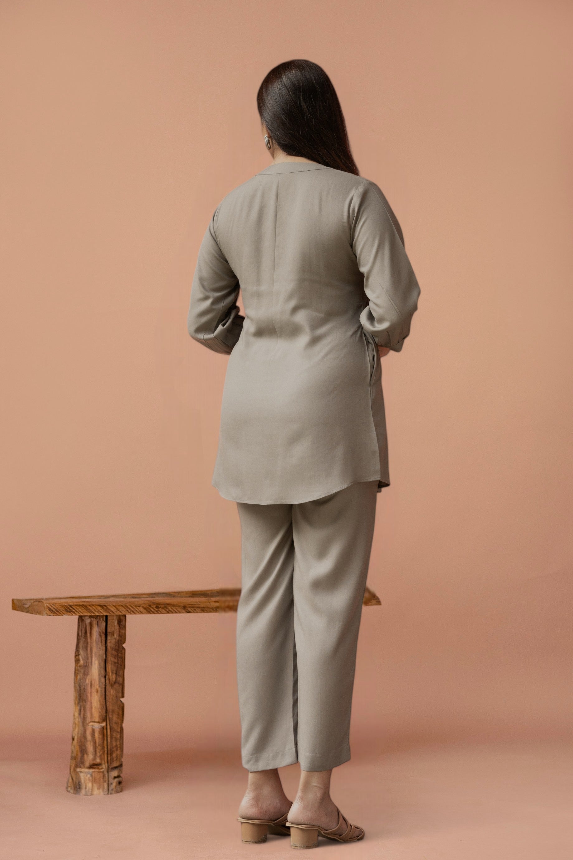 Light Mocha Pleated Band Collar Straight Fit Co-ord Set